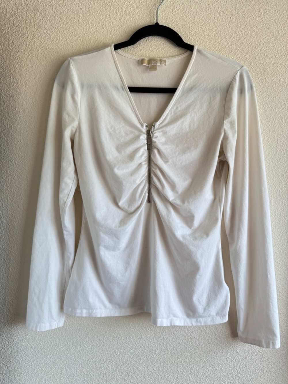 Michael Kors Long-Sleeve Ruched V-Neck Top with Front Zip